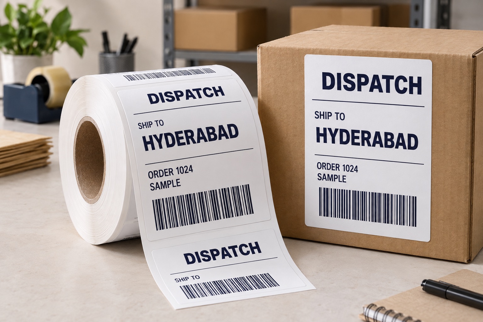 Illustrative large shipping labels on a roll beside a labelled parcel