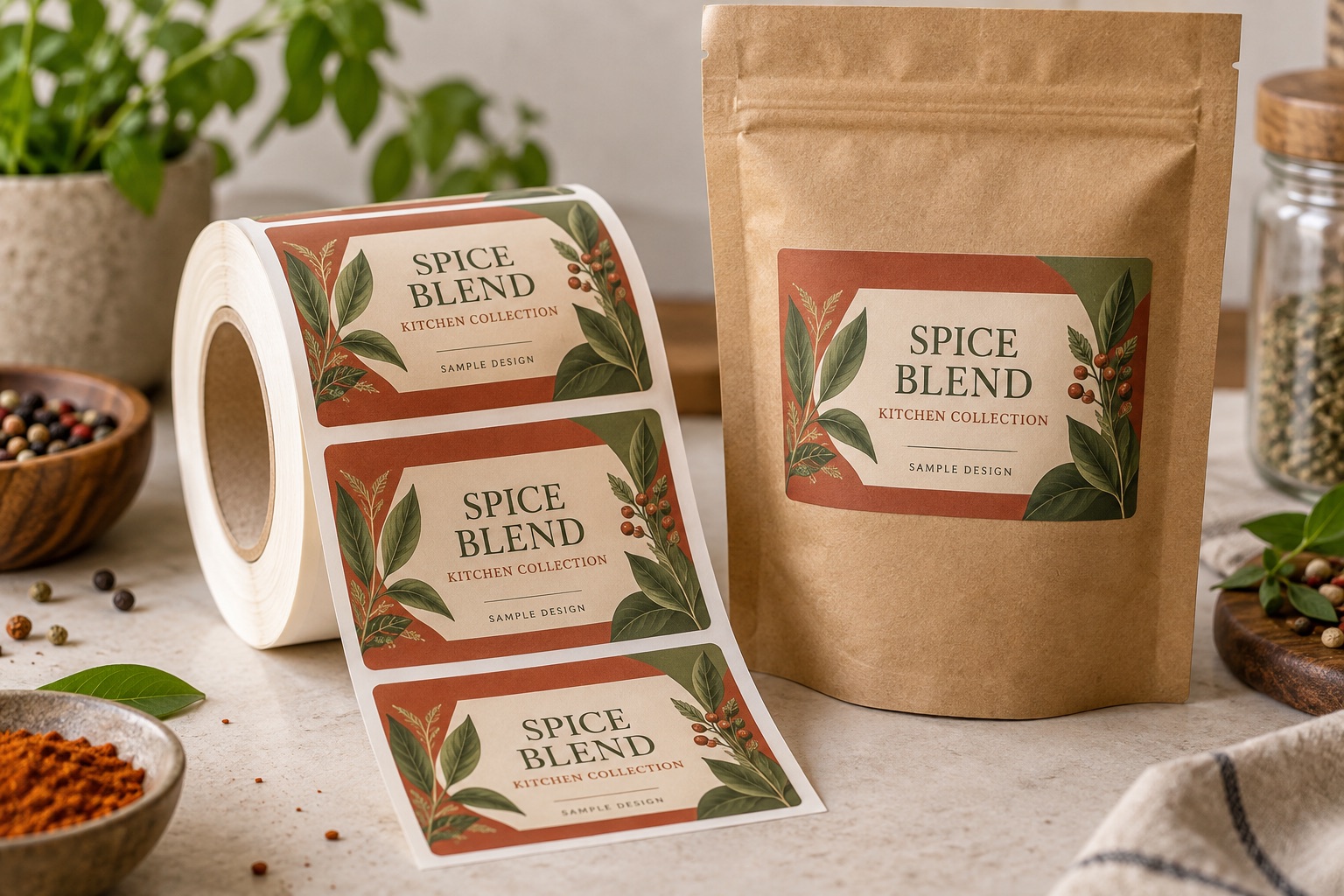 Illustrative medium printed spice labels on a roll and a kraft pouch
