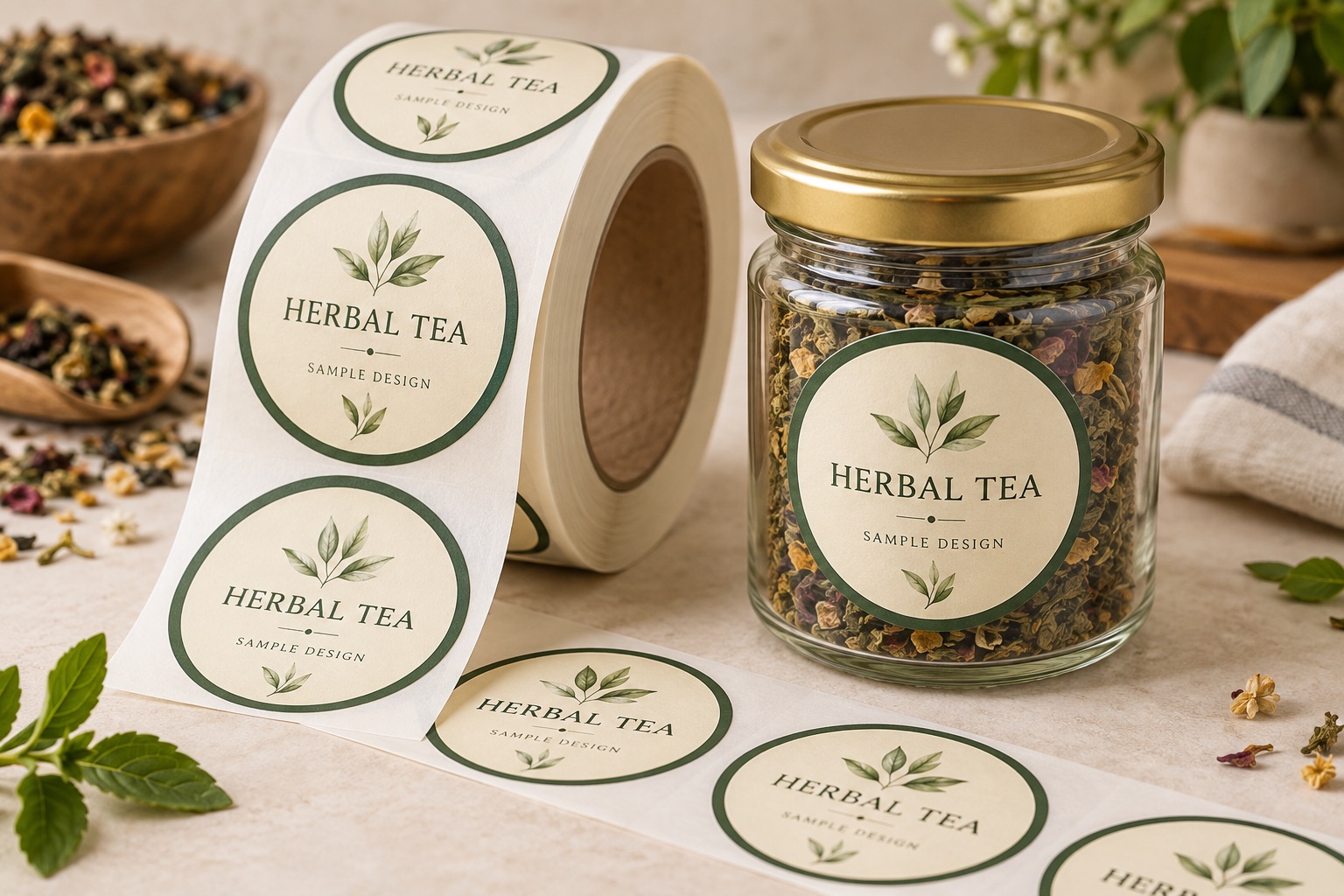 Illustrative round herbal tea labels on a roll and a glass jar