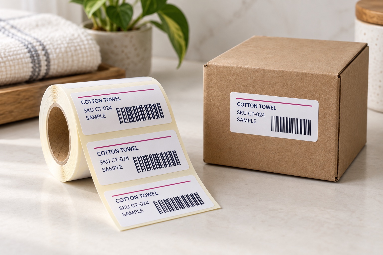 Illustrative small barcode labels on a roll and a kraft product carton